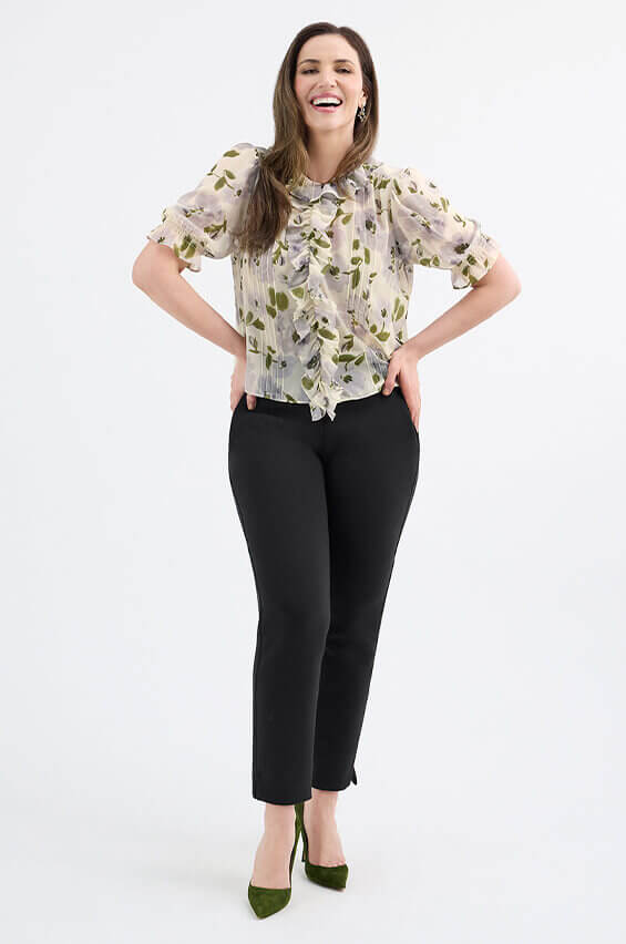 Model wearing Printed Cherish Blouse with the Diplomat Trouser